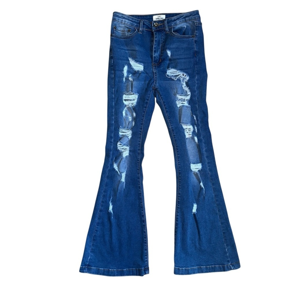 Skinny Fries Blue High Rise Distressed Bell Bottom Jeans Size 7